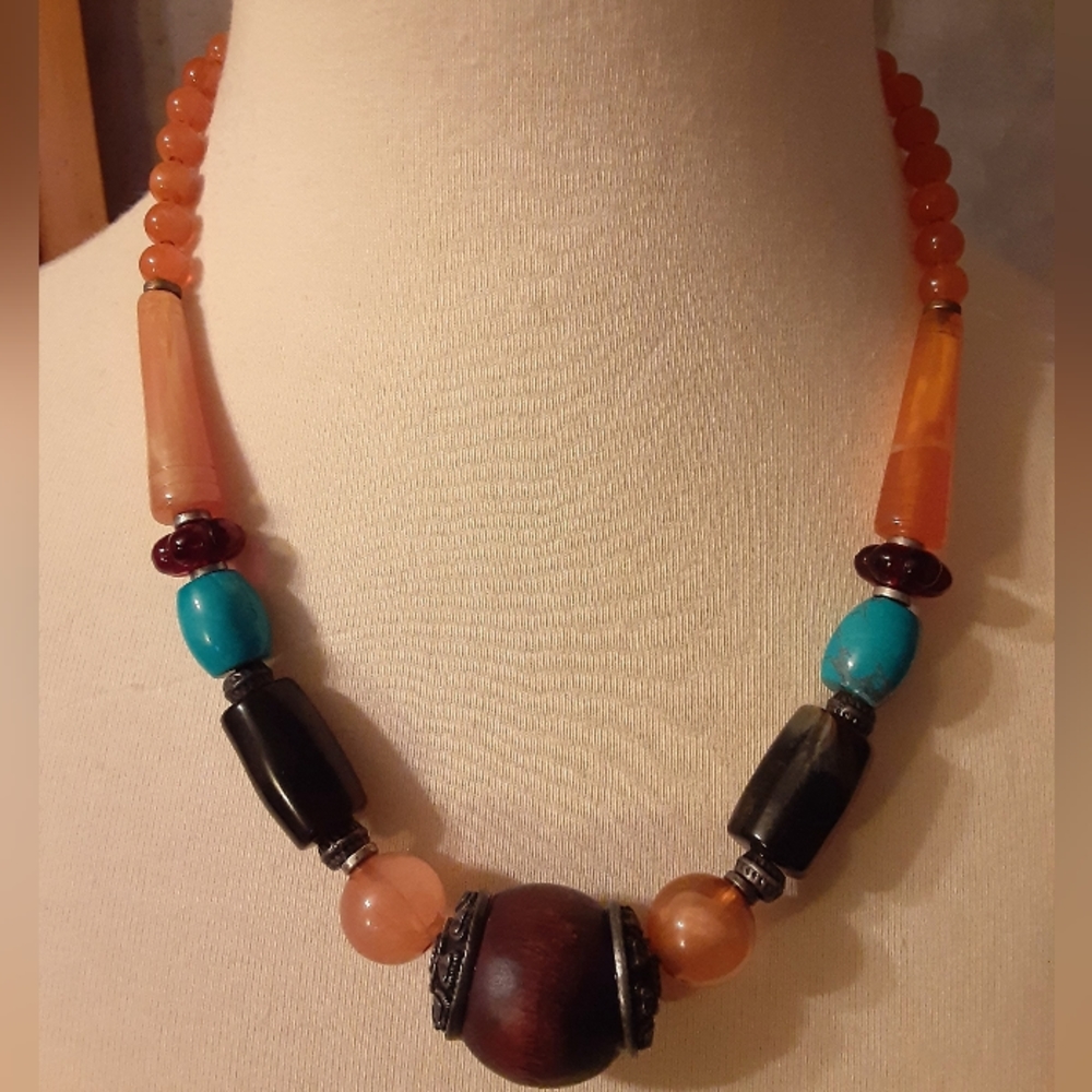 Genuine amazonite, stone and wood beaded necklace